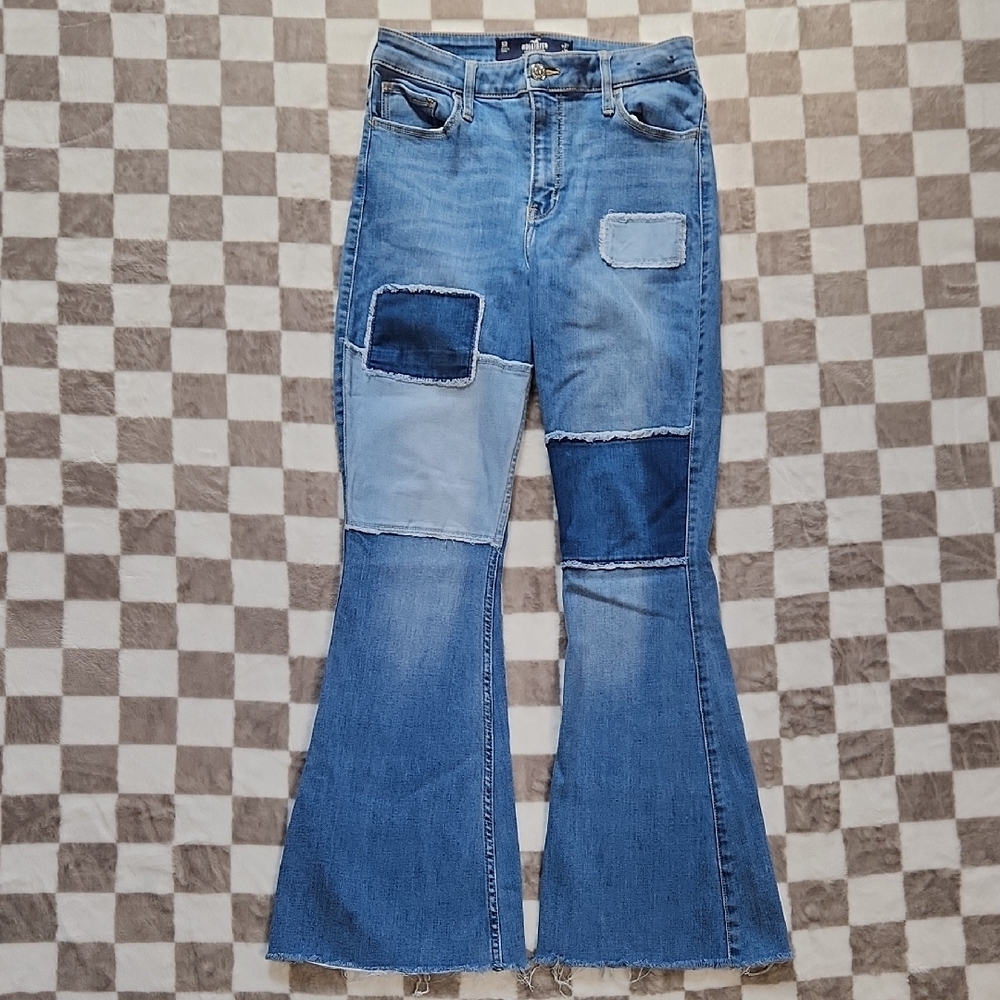 Hollister Blue Flare Wide Leg Jeans block denim patchwork design Y2K
